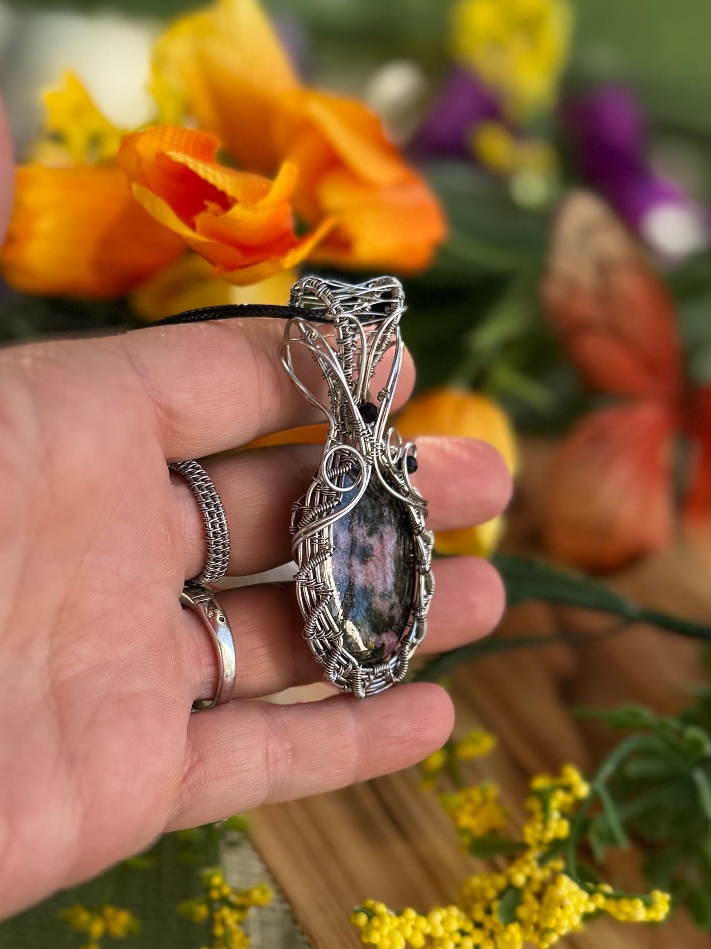 Rhodonite & Black Agate in Stainless Steel