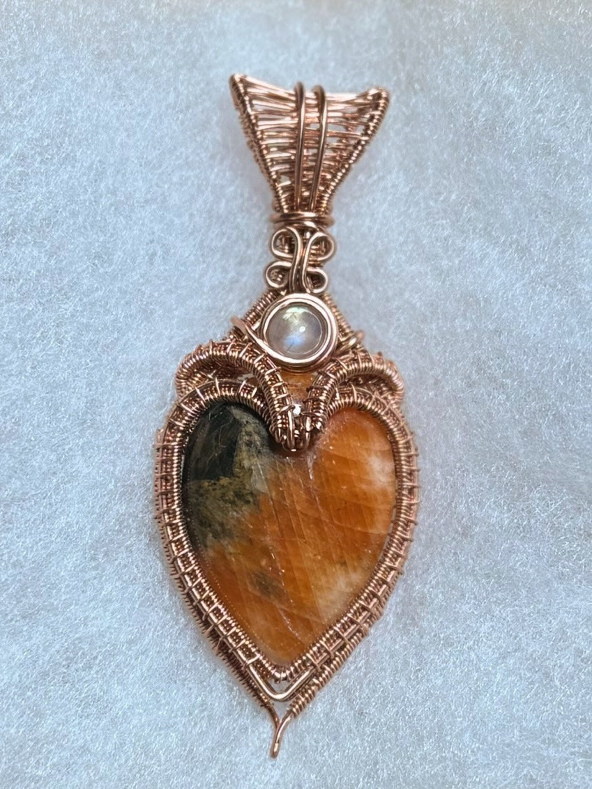Heart Shaped Orange Calcite & Moonstone in Copper
