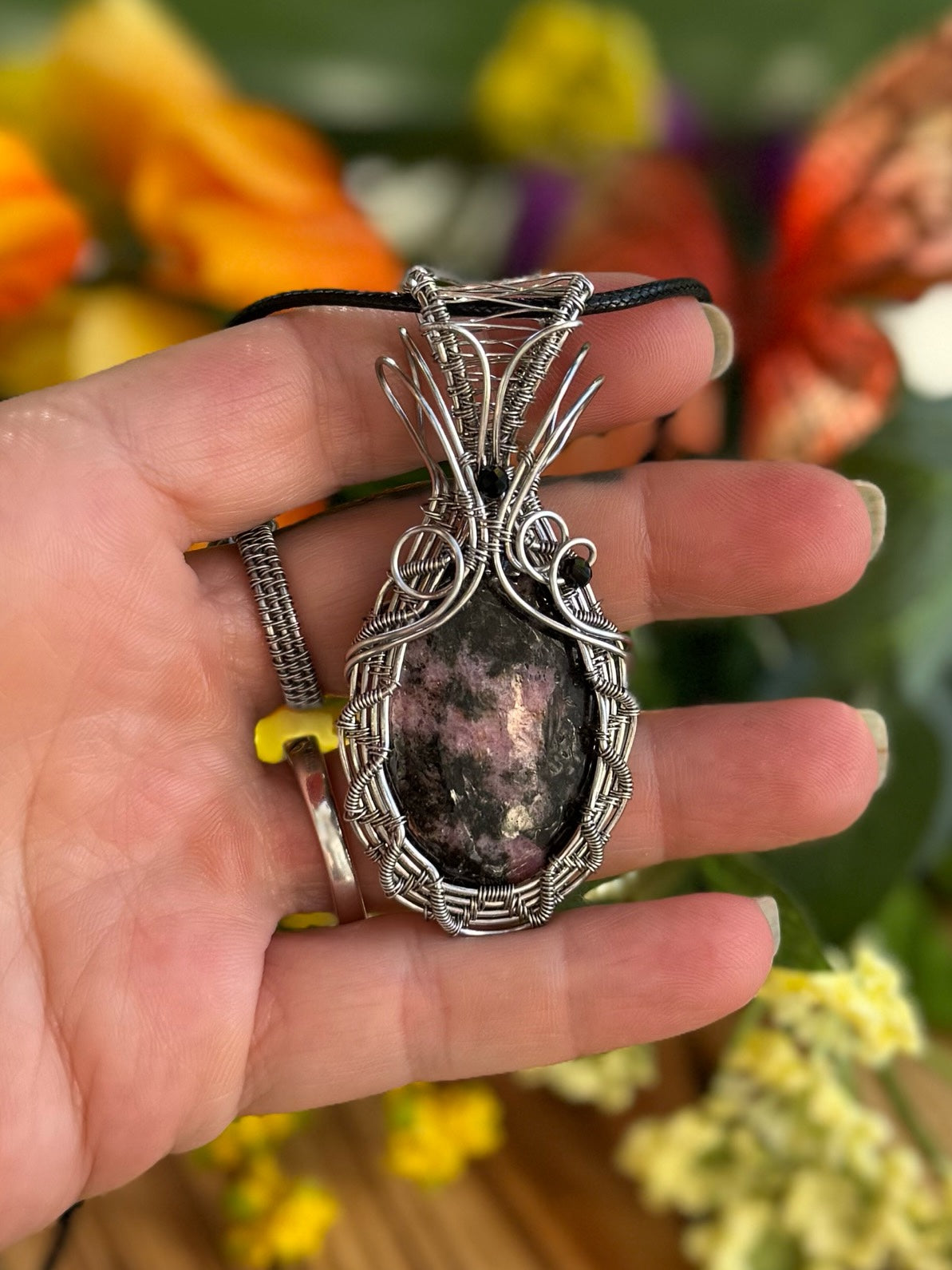 Rhodonite & Black Agate in Stainless Steel
