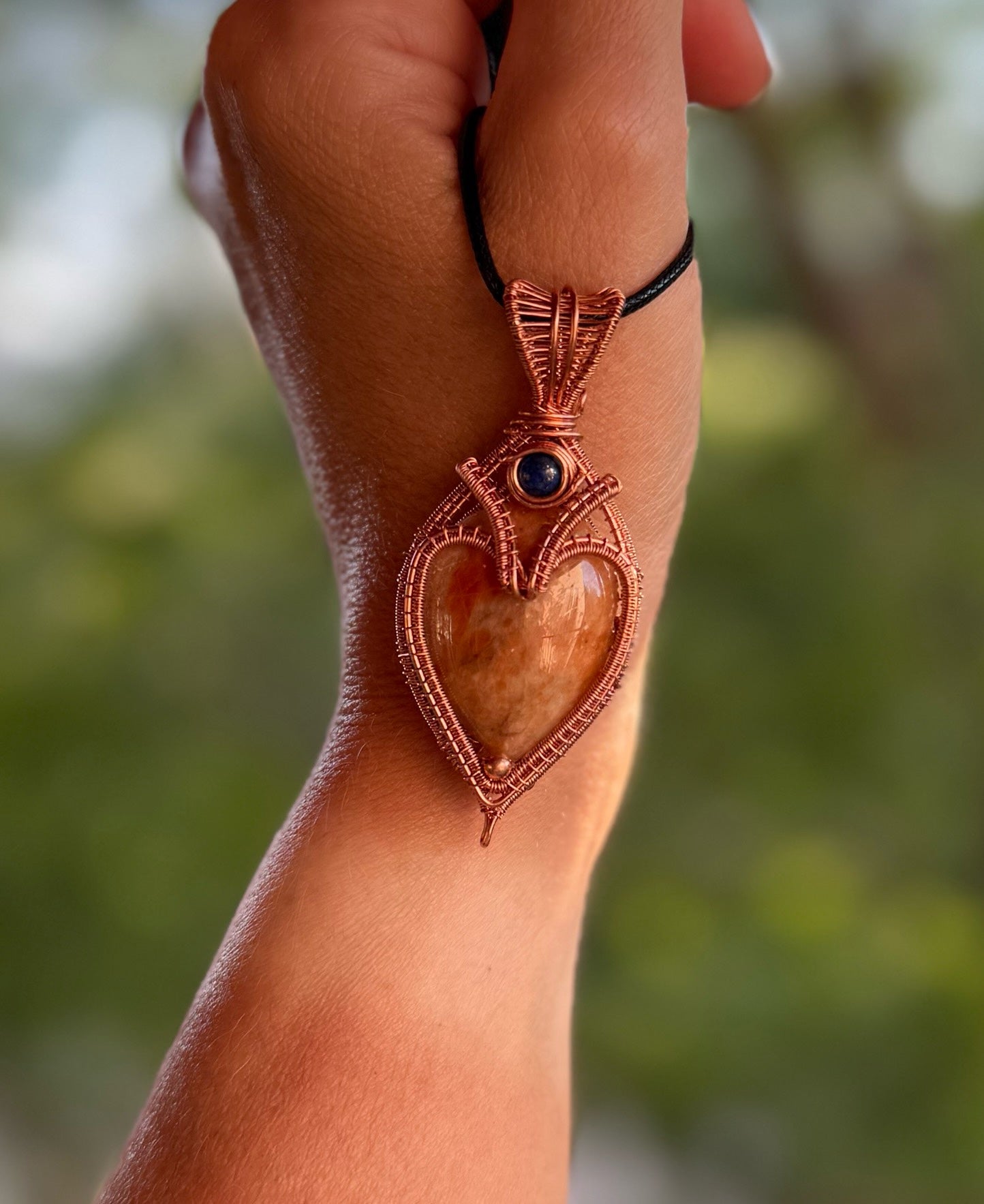 Heart Shaped Orange Calcite & Lapis Lazuli in Copper