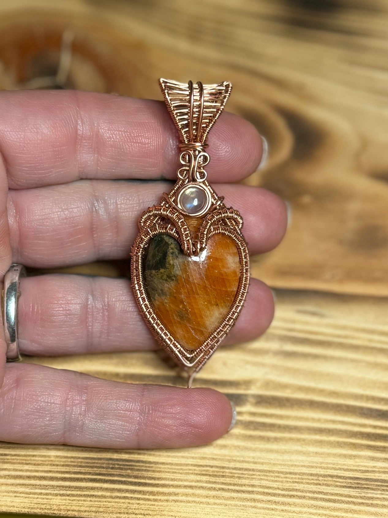 Heart Shaped Orange Calcite & Moonstone in Copper