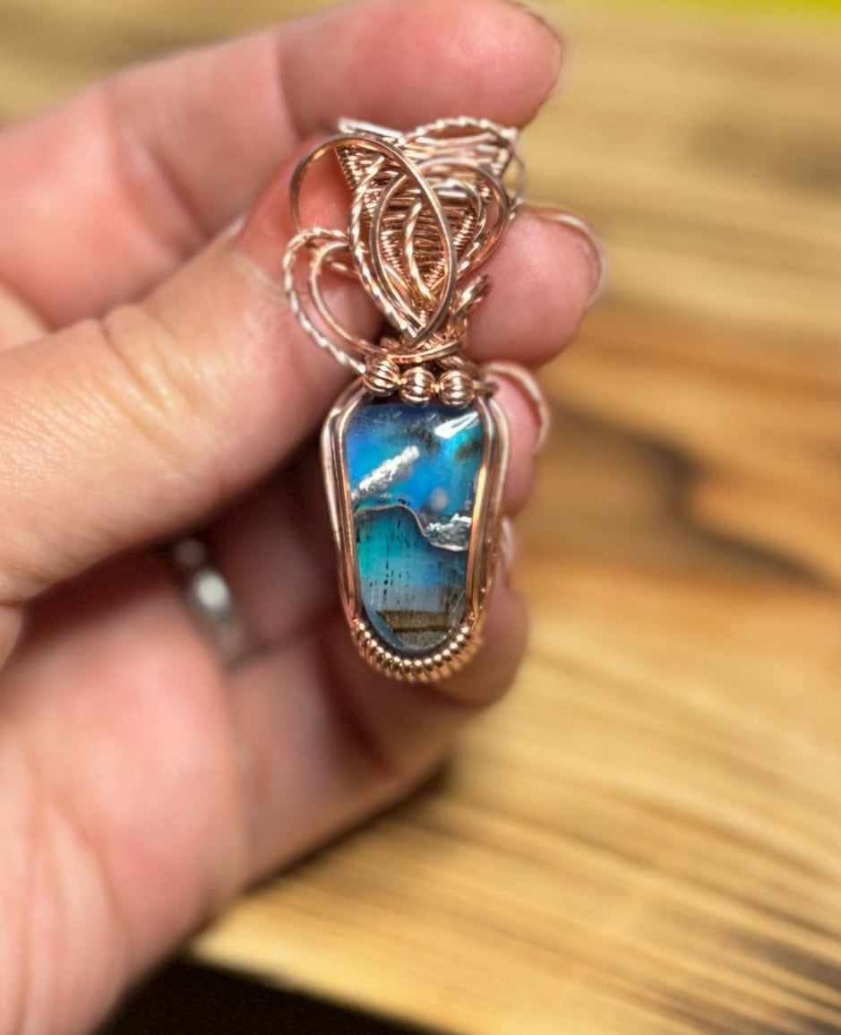 Chrysocolla w/Natural Copper and Aurora Opal in Copper