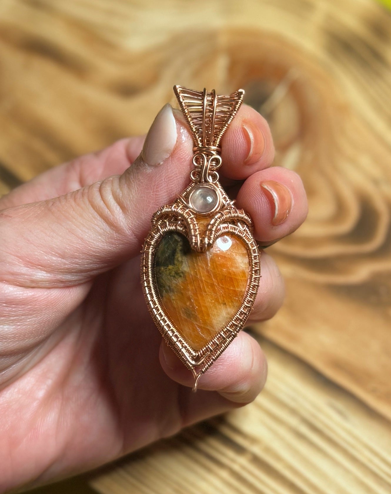 Heart Shaped Orange Calcite & Moonstone in Copper