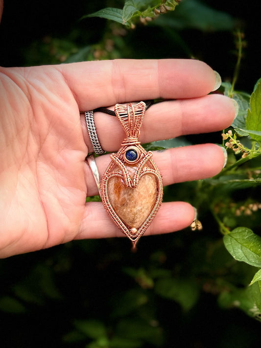 Heart Shaped Orange Calcite & Lapis Lazuli in Copper
