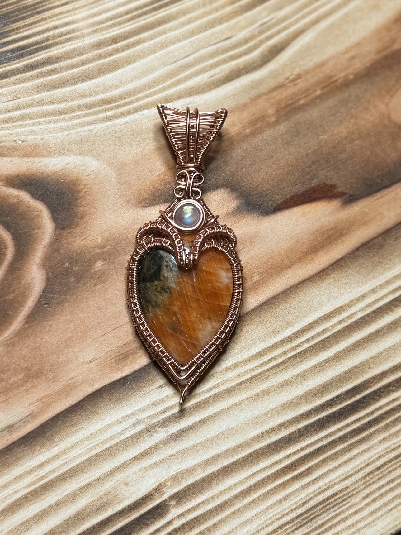Heart Shaped Orange Calcite & Moonstone in Copper