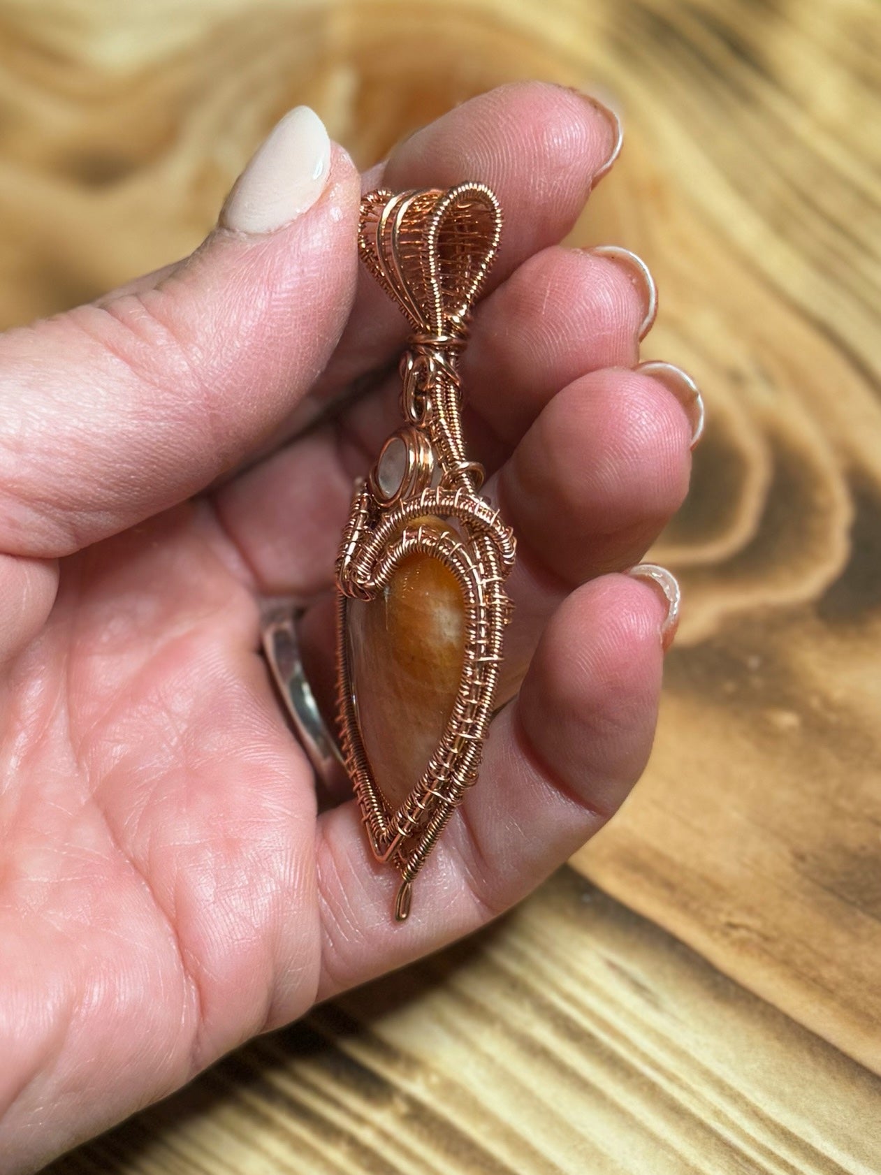 Heart Shaped Orange Calcite & Moonstone in Copper