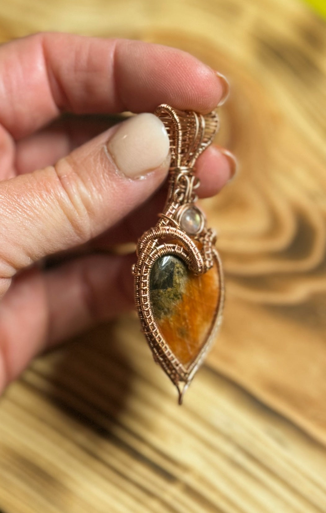 Heart Shaped Orange Calcite & Moonstone in Copper