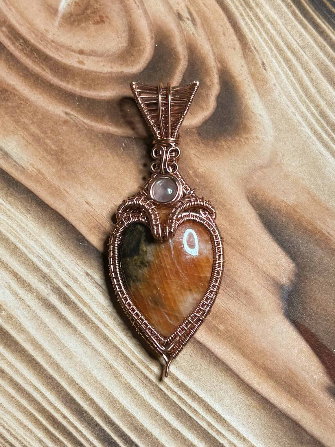 Heart Shaped Orange Calcite & Moonstone in Copper